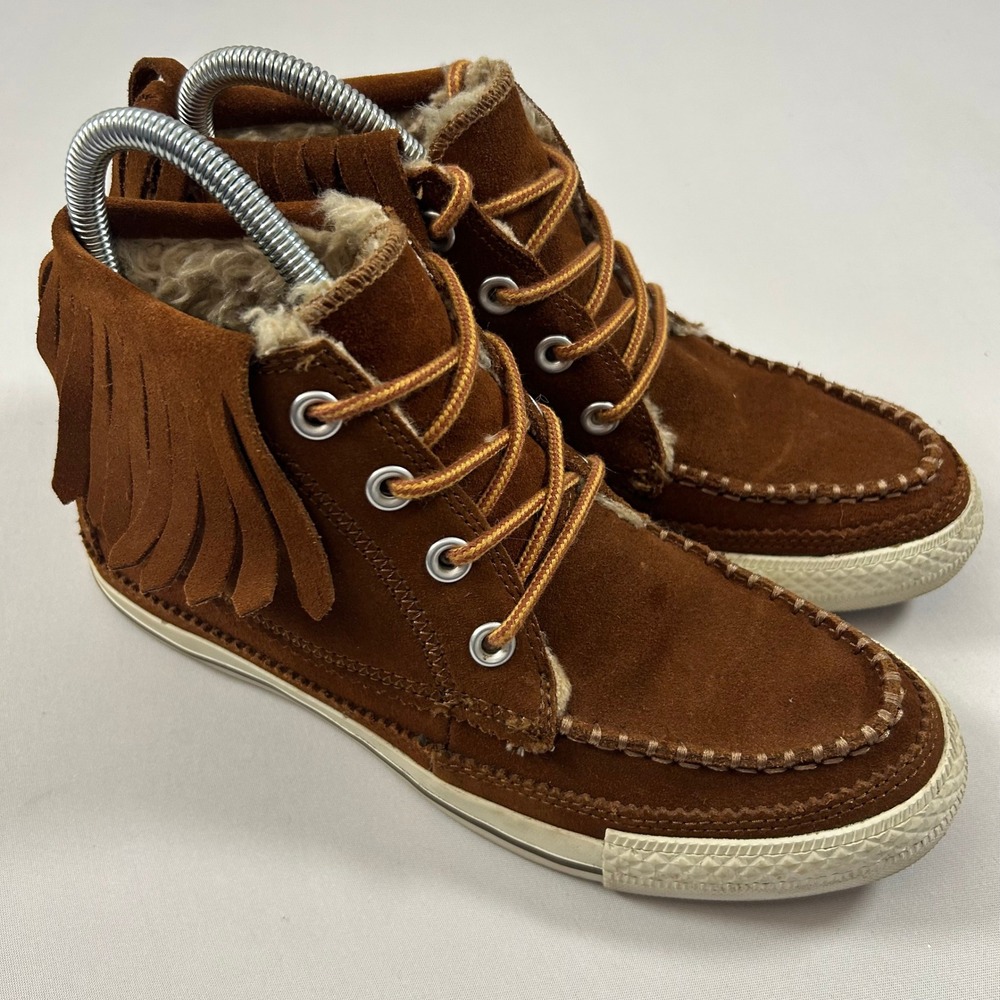 Converse All Star Fringe Moccasin Women 7 Brown Suede Sherpa High Top Shoes Rare